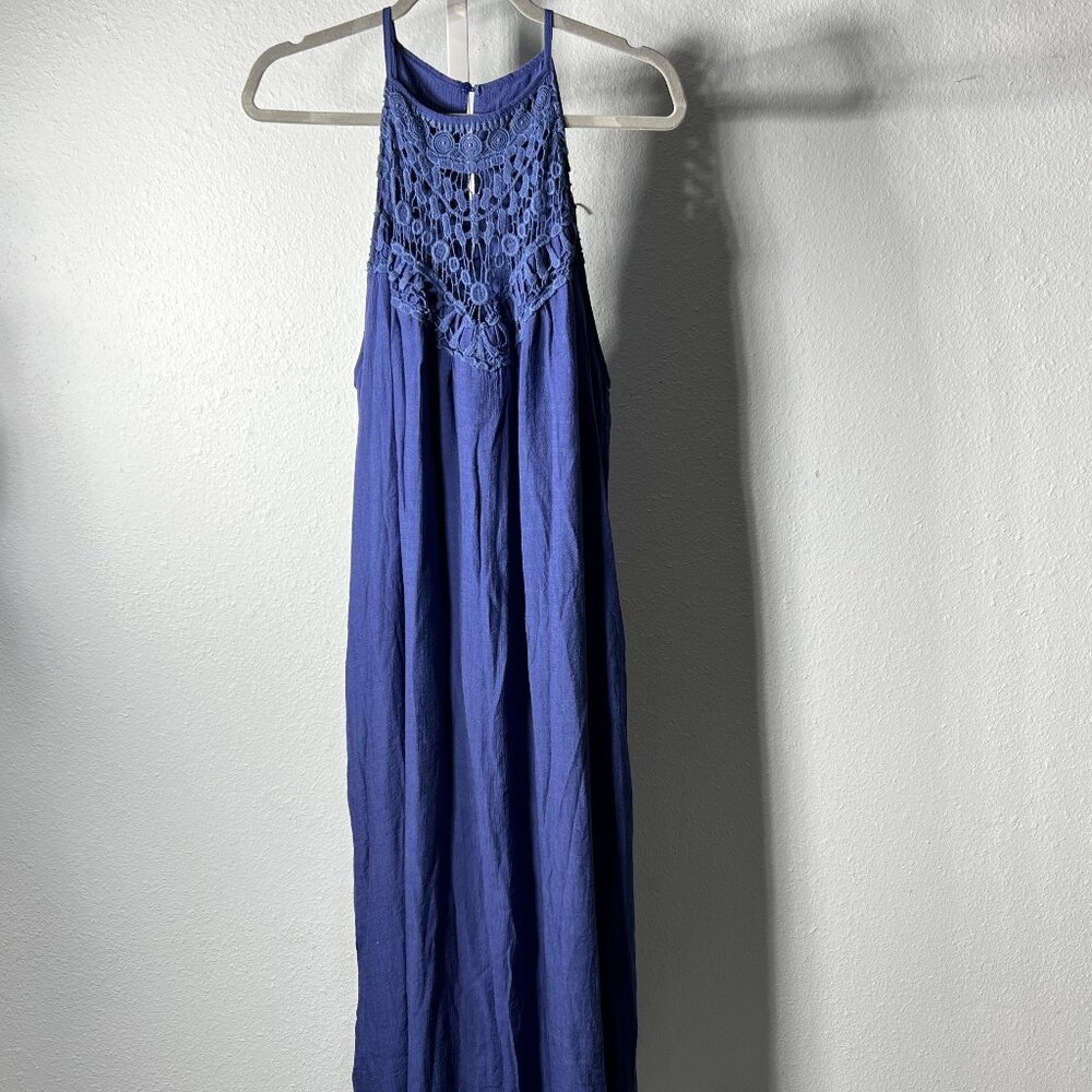 Faroro Blue Halter-Neck Dress w Crochet Lace Neckline Overlay SZ XXL